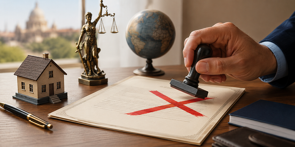NRI revoking a Power of Attorney in India with legal document cancellation and property-related symbols.